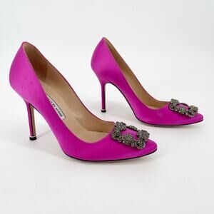 Manolo Blahnik Fuchsia Hangisi Satin Pointed Toe Crystal Detailed Pump IT 37.5